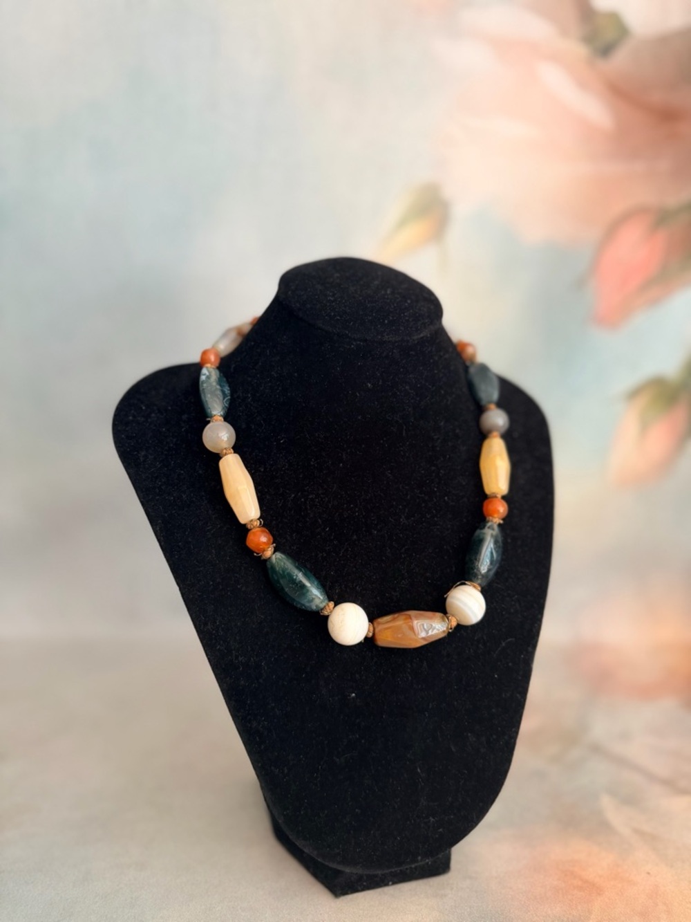 Artisan Multicolor Beaded Necklace - Green, Cream & Brown